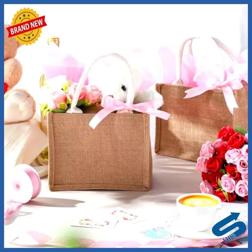 Reusable Jute Tote Bags Bulk Set with Tissue Paper Ribbons Party Decor